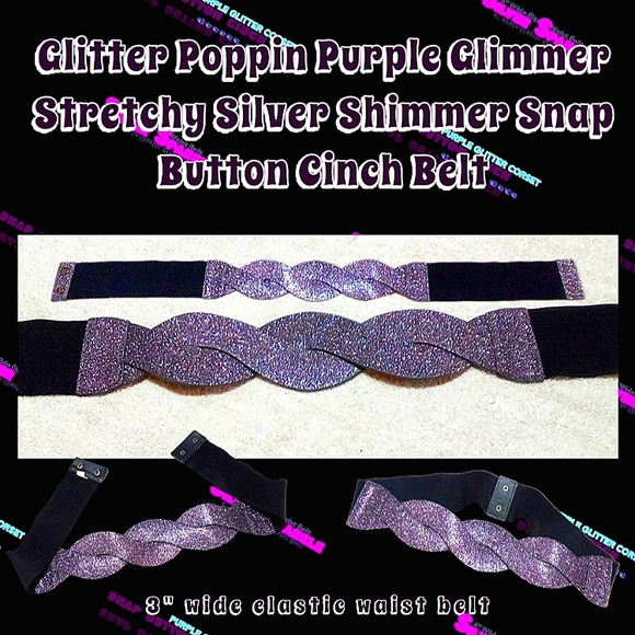 Glitter Poppin Purple Glimmer Stretchy Silver Shimmer Snap Button Cinch Belt | L - Picture 1 of 17